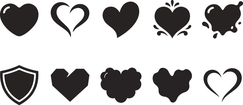 Black heart shapes and shield icons