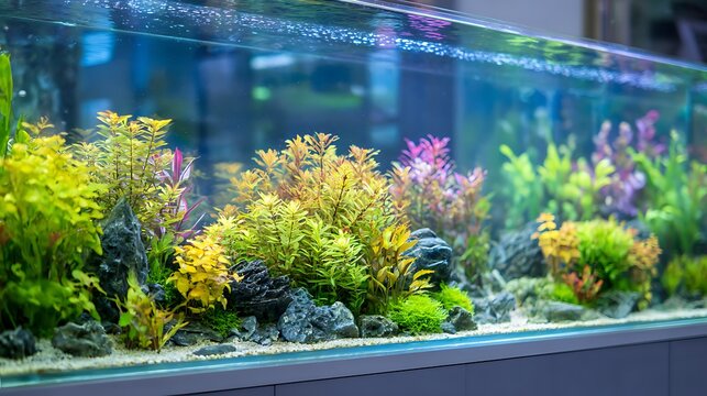 Beautiful freshwater aquarium with lush aquatic plants and stones.