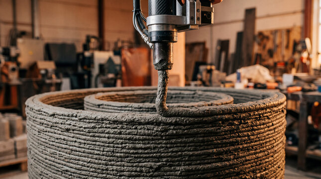 A 3D printer extruding concrete in a workshop. The machine is creating a circular structure with a textured surface. Tools and materials are visible in the background.