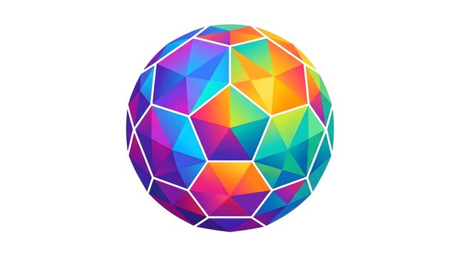 A vibrant, multicolored geodesic sphere design, showcasing a spectrum of bright colors with a low-polygon geometric aesthetic.