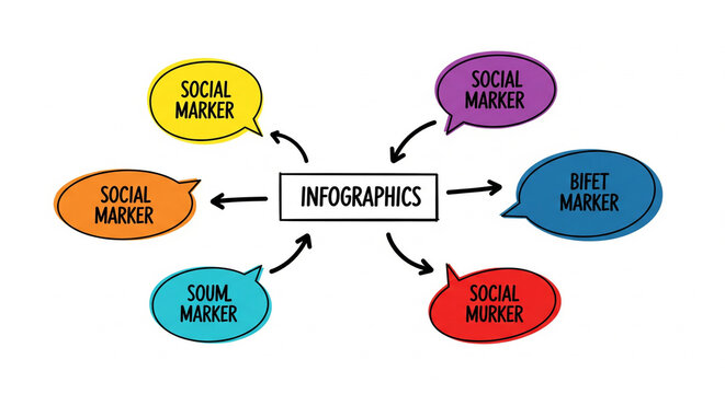Infographics concept with colorful speech bubbles radiating from a central idea.