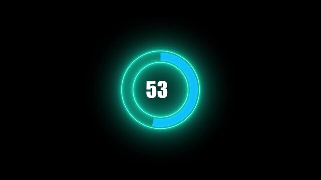 Complete 100 percent loading represented by a bright blue neon circular progress bar, Neon blue glowing circular loading bar progress animation counting up from zero to one hundred percent .