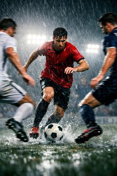 Football players in a torrential downpour engage in an intense match under stadium lights, with water splashing around the ball and players' feet.