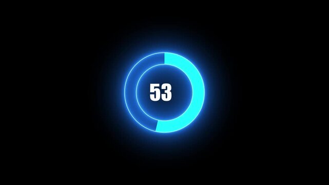 Complete 100 percent loading represented by a bright blue neon circular progress bar, Neon blue glowing circular loading bar progress animation counting up from zero to one hundred percent .