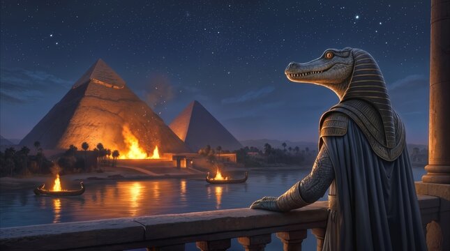 Sobek deity observing burning pyramids from balcony at night. Mythological scene with crocodile-headed god watching fire near river.