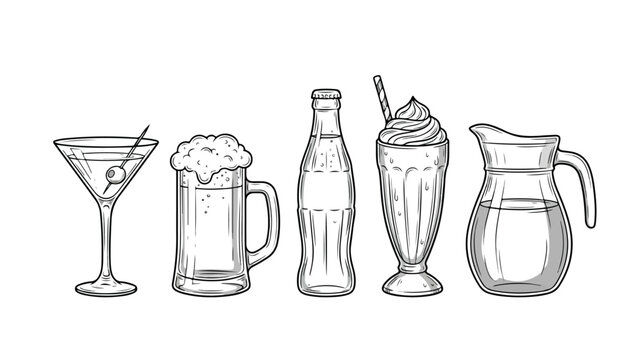 Set of 5 Hand Drawn Beverage Drink Glass and Bottle Icons Vector