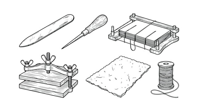 Set of 6 Bookbinding Tools and Supplies Vector Illustration
