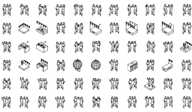 Black and white isometric dancing people and DJ icon vector collection isolated on white