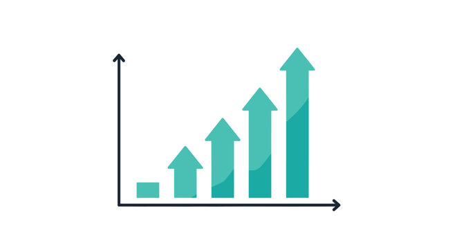 Business growth chart showing five teal arrows of increasing height on a coordinate plane representing financial success.