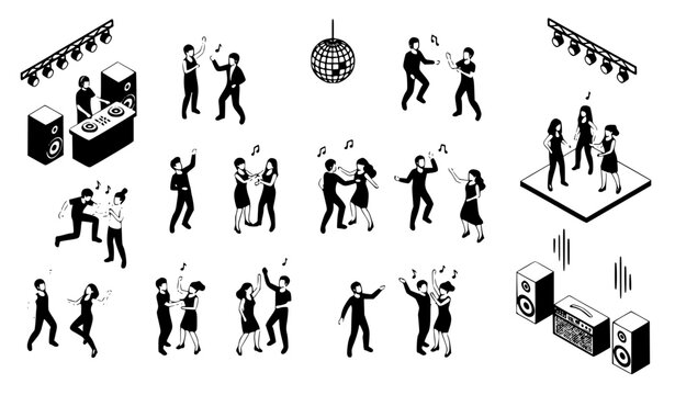 Black and white isometric nightclub party vector collection with dancing people isolated on white background