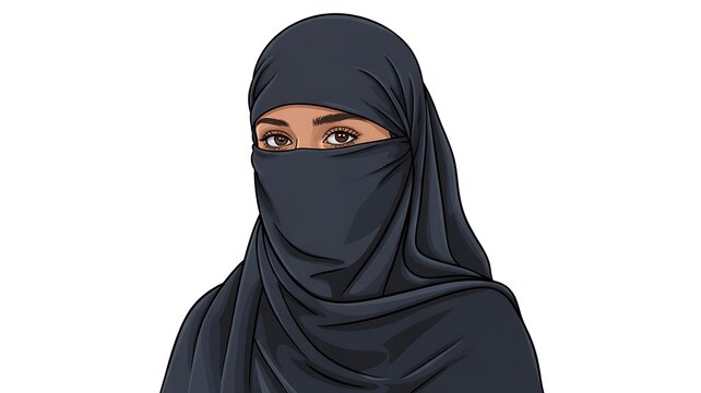 Muslim woman wearing black niqab isolated on white background