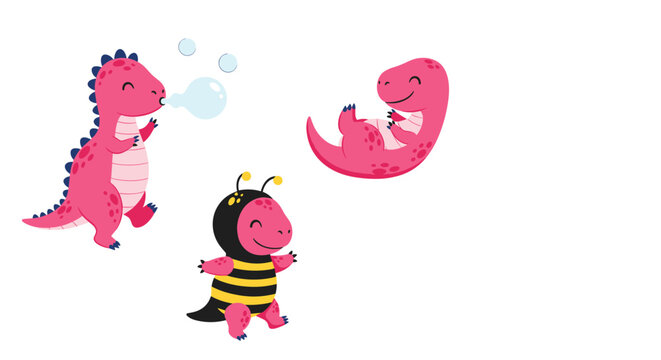 Trio of adorable pink dinosaur characters playing including one blowing bubbles and one in a bee costume for children decor.