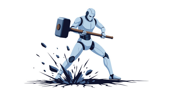 Powerful robot swinging a large sledgehammer and smashing the ground with debris flying everywhere for construction theme.