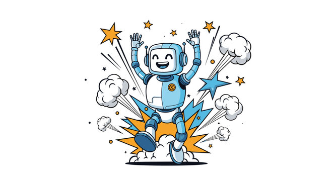 Happy cartoon robot jumping and celebrating with stars and smoke clouds in an energetic comic style for achievement success.