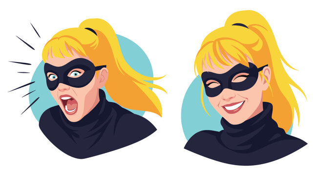 Two portraits of a superhero woman with a black mask showing a loud scream and a happy smile for character design study.