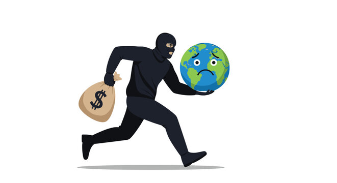 Thief in a black mask running away while carrying a bag of money and a sad-faced earth globe for environmental metaphor.