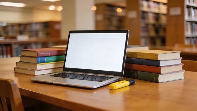A laptop with a blank white screen sits on a wooden desk surrounded by stacks of books in a library setting.