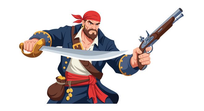 Brave pirate character holding a sharp scimitar sword and an antique flintlock pistol ready for battle in fantasy setting.