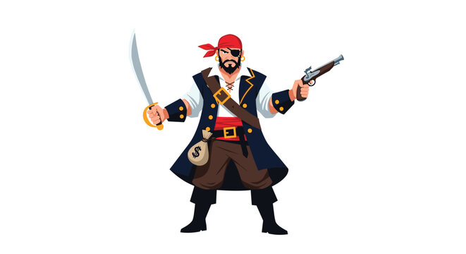 Fierce pirate character with an eye patch and red bandana carries a money bag while wielding a sharp sword and a loaded flintlock pistol.