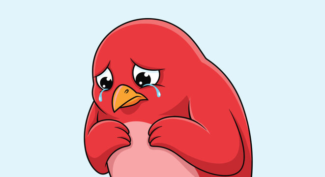 Cute little red bird character looks very sad and sheds tears with an emotional expression on a light blue background.