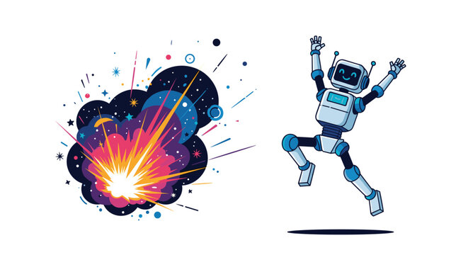 Happy white robot jumps in the air with arms wide open next to a colorful and dynamic comic book style explosion.