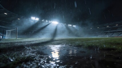 Fototapeta premium Dramatic night view of an empty football stadium during heavy rain with bright floodlights.