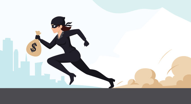 Stealthy female thief in a black suit running away with a bag of money against a city silhouette background for crime story.