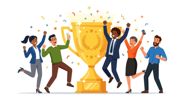 Diverse team celebrating victory with a golden trophy and confetti