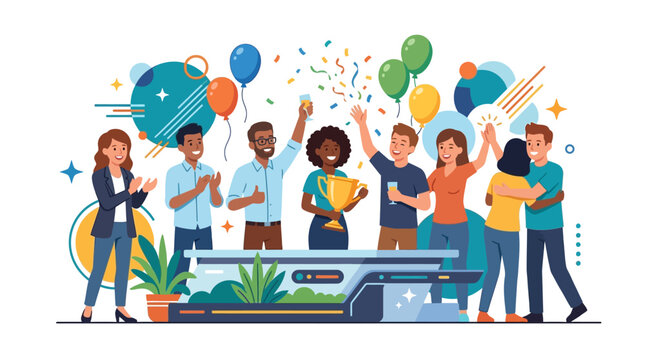 Diverse Team Celebrating Victory, Holding Trophy, Balloons, Confetti, Success Concept