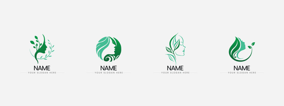 Set of four minimalist feminine beauty and organic skincare logo templates in green with skincare