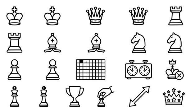 Chess game, strategy, tournament, pieces and sports icons set