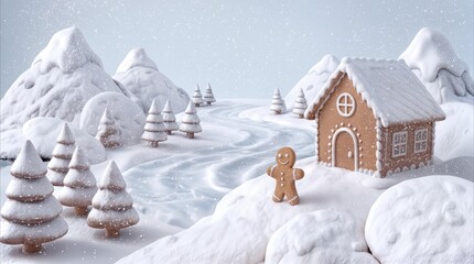 Naklejka premium Confectionery landscape with a gingerbread man and cottage during a snowfall. Miniature food art scene with icing mountains and cookie trees.