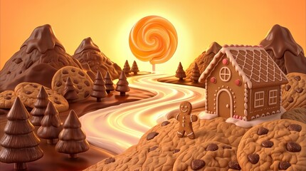 Naklejka premium Lollipop sun rising over candy landscape with gingerbread house and chocolate mountains. Fantasy world made of sweets and cookies.