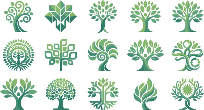 Green Tree Logo Set Collection of Eco Nature Icons Featuring Stylized Trees Leaves and Roots for Environmental Branding Design