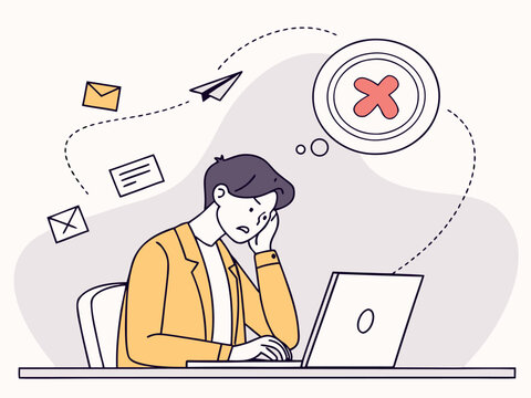 Overwhelmed Businessman Facing Failed Emails and Communication Errors on Laptop, Workplace Stress and Digital Message Delivery Problem Illustration