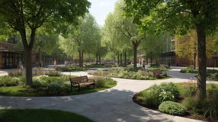 Fototapeta premium Urban Park Pathway Surrounded by Trees and Native Landscaping