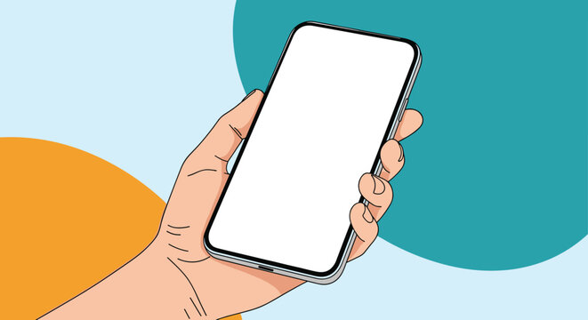 Close up of a human hand holding a modern smartphone with a blank white screen for mobile app mockup presentation.