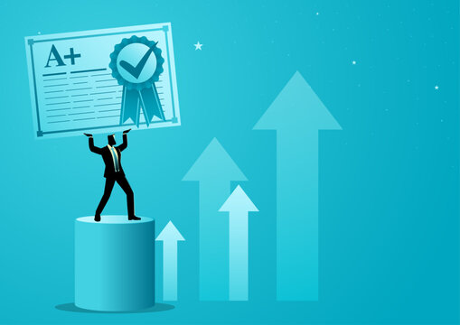 Businessman on podium holding A Plus Certificate with rising arrows in background.