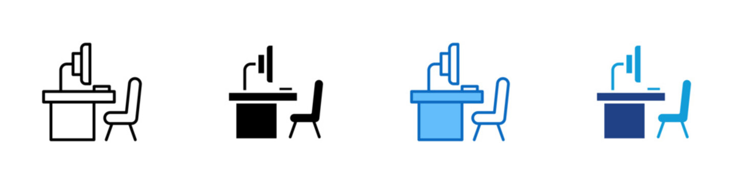 Workplace Audit Multiple Style Icon Design Vector - Work desk with chair and chart representing workplace audit, productivity review, and office performance assessment