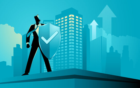 Businessman protecting corporate growth with shield, enterprise security and risk management concept