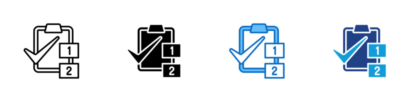 Standardize Process Multiple Style Icon Design Vector - Clipboard with check mark and numbered steps representing standardize process, procedure control, and consistent workflow