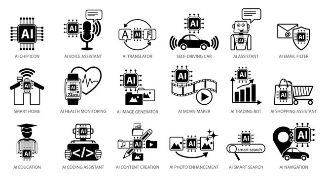 Artificial intelligence application icons set featuring AI assistant, translator, coding assistant, image generator, content creation, smart search and autonomous driving