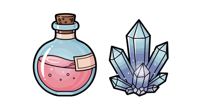 Vector illustration featuring a magical pink potion bottle with a cork and a cluster of glowing blue crystals, perfect for fantasy themes, gaming assets, witchcraft, and mystical designs.