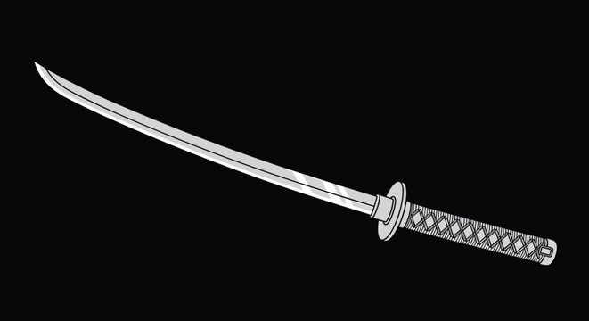 Elegant Japanese katana sword with a curved silver blade and detailed black and white wrapped handle on a black background.