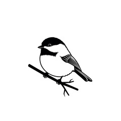 Black and white illustration of a chickadee bird perched on a branch. © Dira