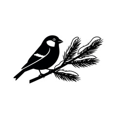 Black and white illustration of a bird perched on a snowy branch. © Dira
