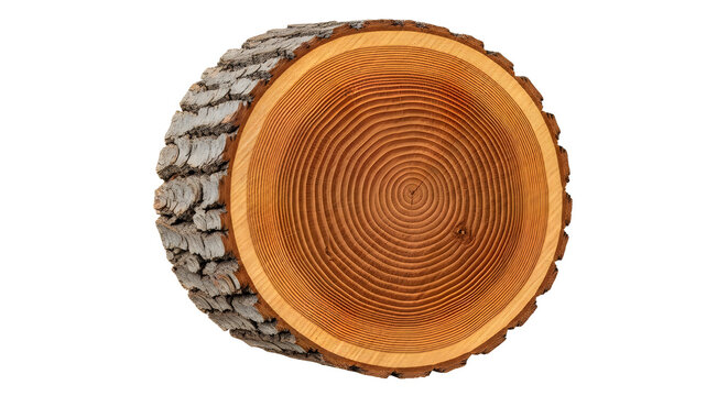 Cross section of a wooden log with natural tree rings and rough bark texture