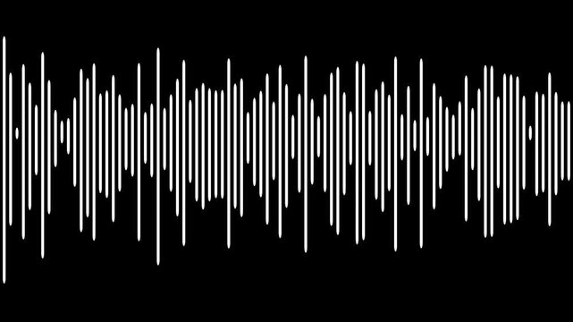 Dynamic white audio waveform animation on black background, digital sound frequency visualization