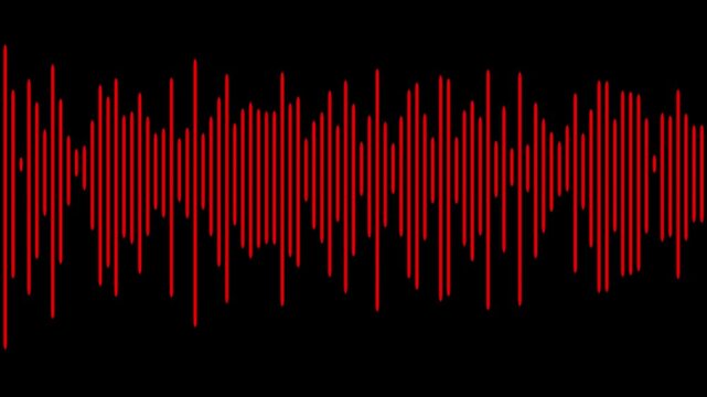 Red digital audio waveform equalizer animation on black background, for music and, sound visualization