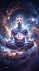 Fototapeta premium Meditating man floating in deep space with glowing energy core in chest. Spiritual connection with universe and cosmic consciousness.